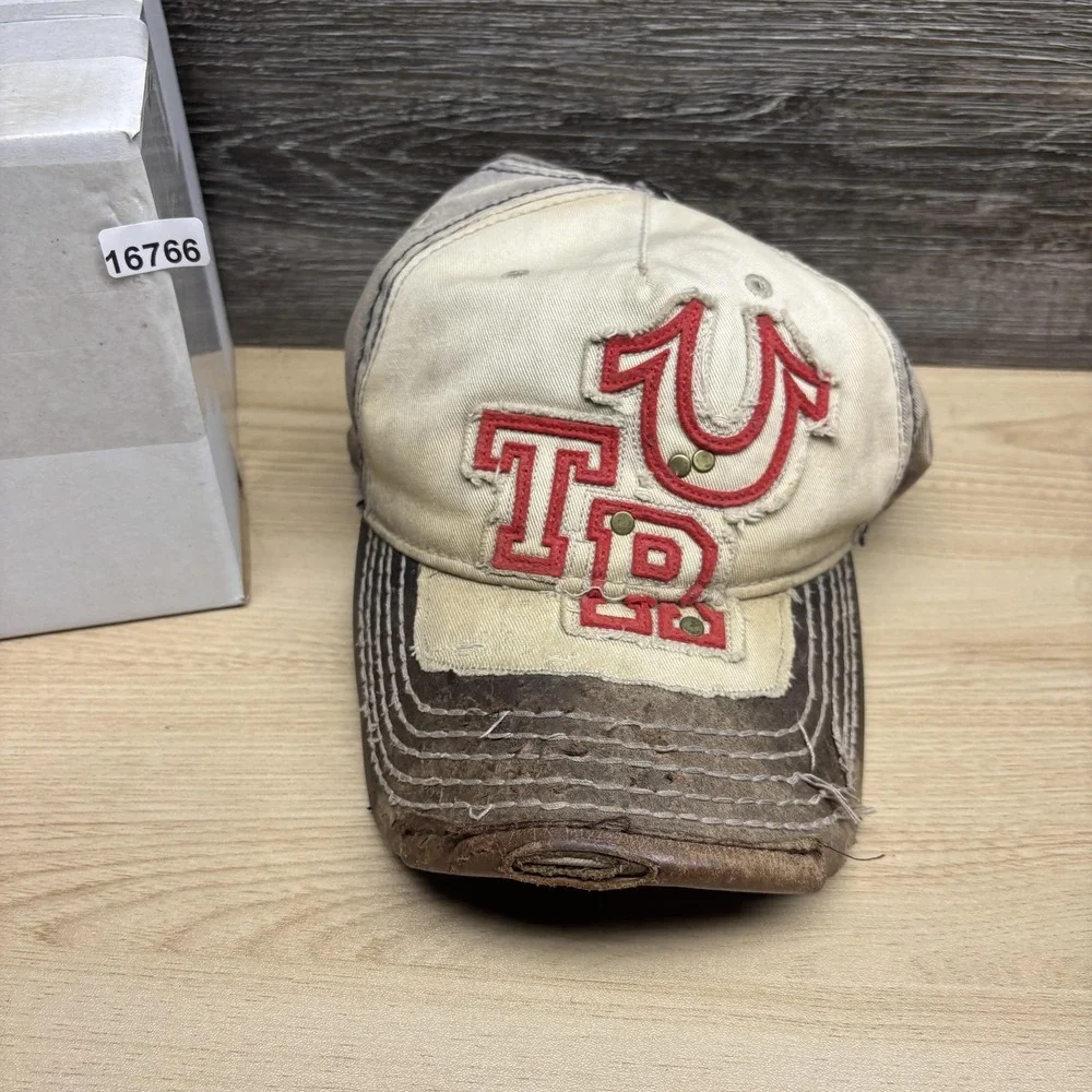 True Religion‎ Hat Cap Strap Back Distressed Leather Brim Western Mens